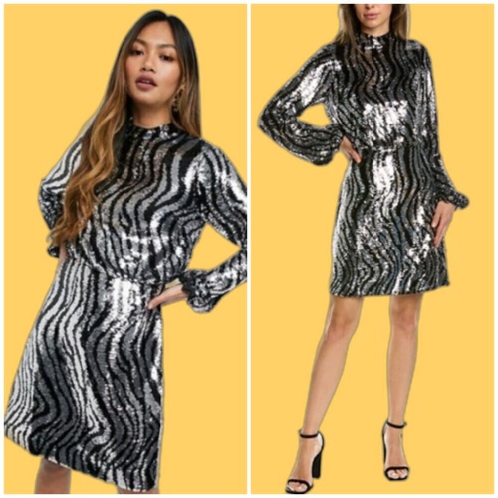 TED BAKER Sequin Mini Dress Animal Striped Print Mock Neck LS Silver Sz 0-2 / XS